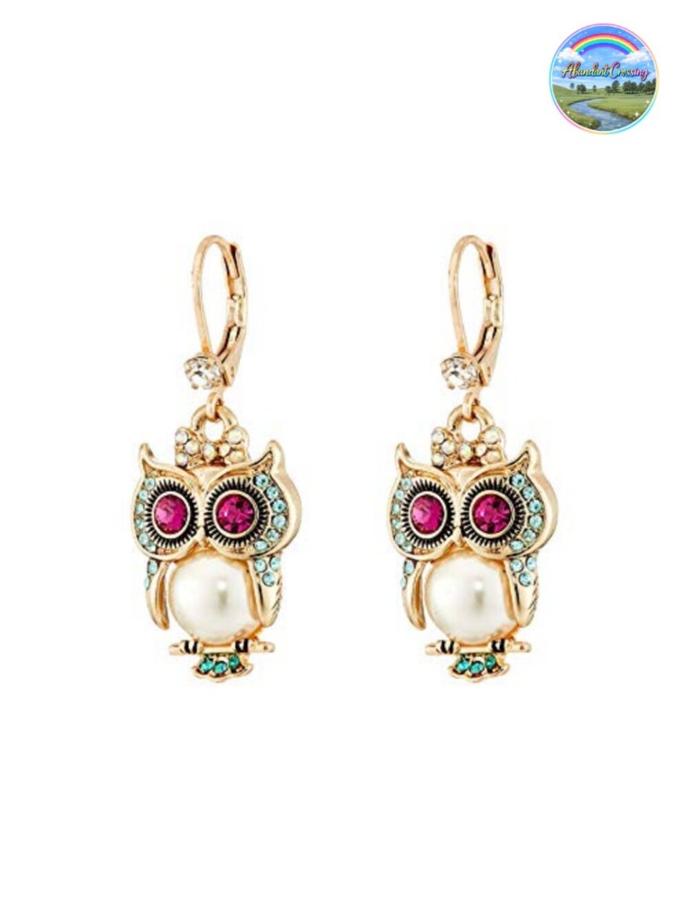 Betsey Johnson Owl Drop Earrings Pearl Accents Gold-Tone Lever Back